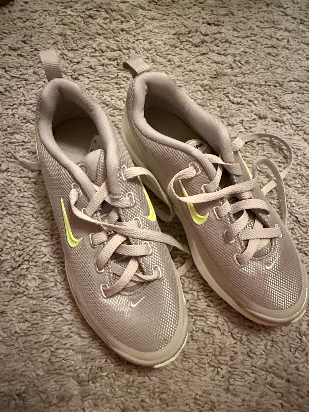 Nike Kids Beige Athletic Sneakers with Neon Yellow Swoosh